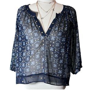 Hollister Boho Peasant Blouse Chiffon 3/4 Sleeve blue Size Small